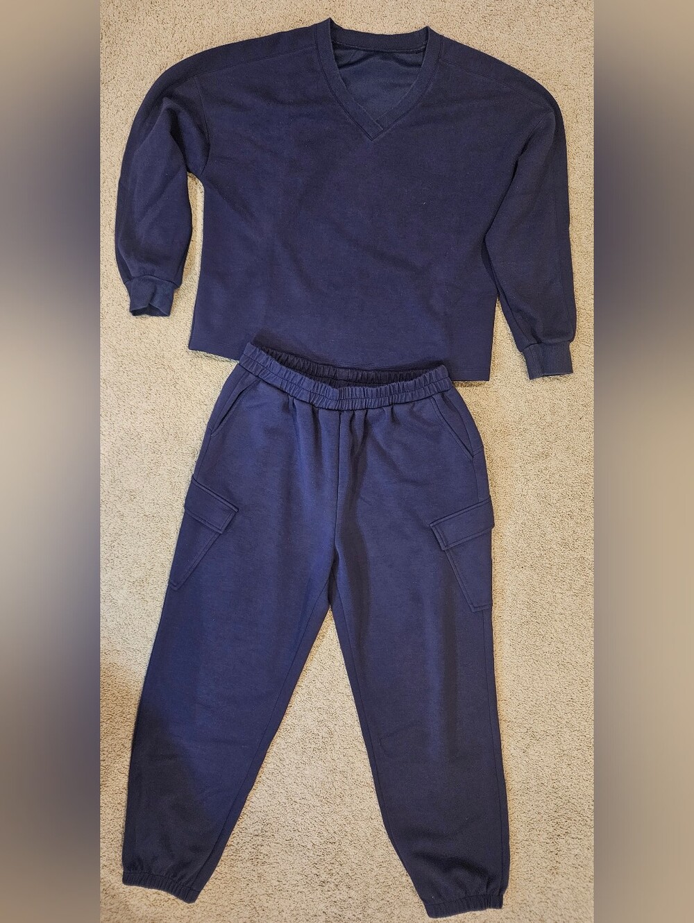Classic Purple V-Neck Sweatsuit — Relaxed Top & Cargo Jogger Bottoms